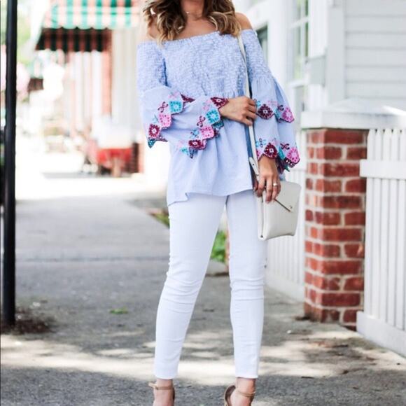 Loft Fiesta blue & white stripe with embroidered sleeves Off The Shoulder Top - Picture 7 of 7